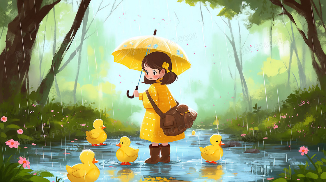 下雨天小女孩撑伞看小鸭子插画
