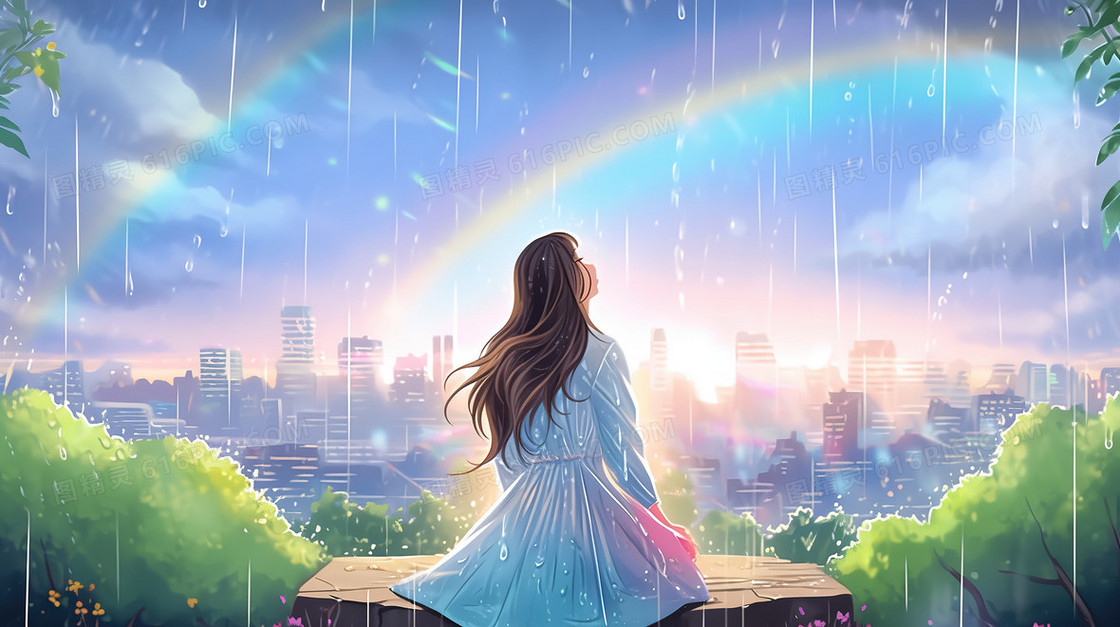 清新唯美体验雨水的女孩插画