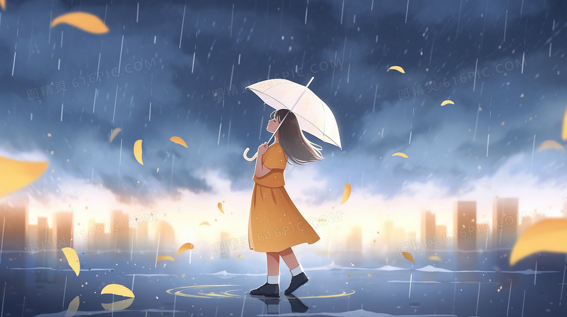 下雨天出门的女孩插画