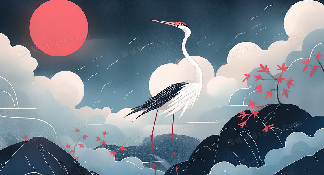 山峰上站立的仙鹤创意插画