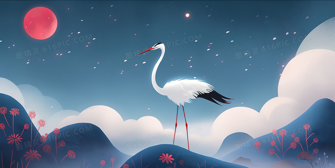 山峰上站立的仙鹤创意插画