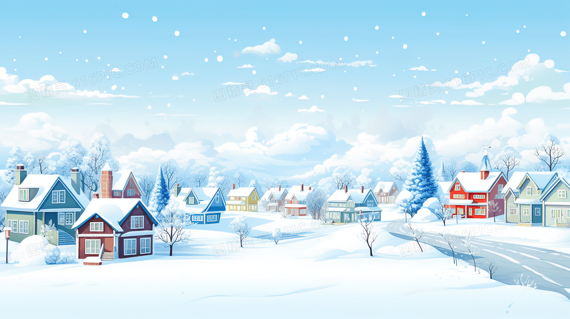 白色冬季村庄小镇雪景插画