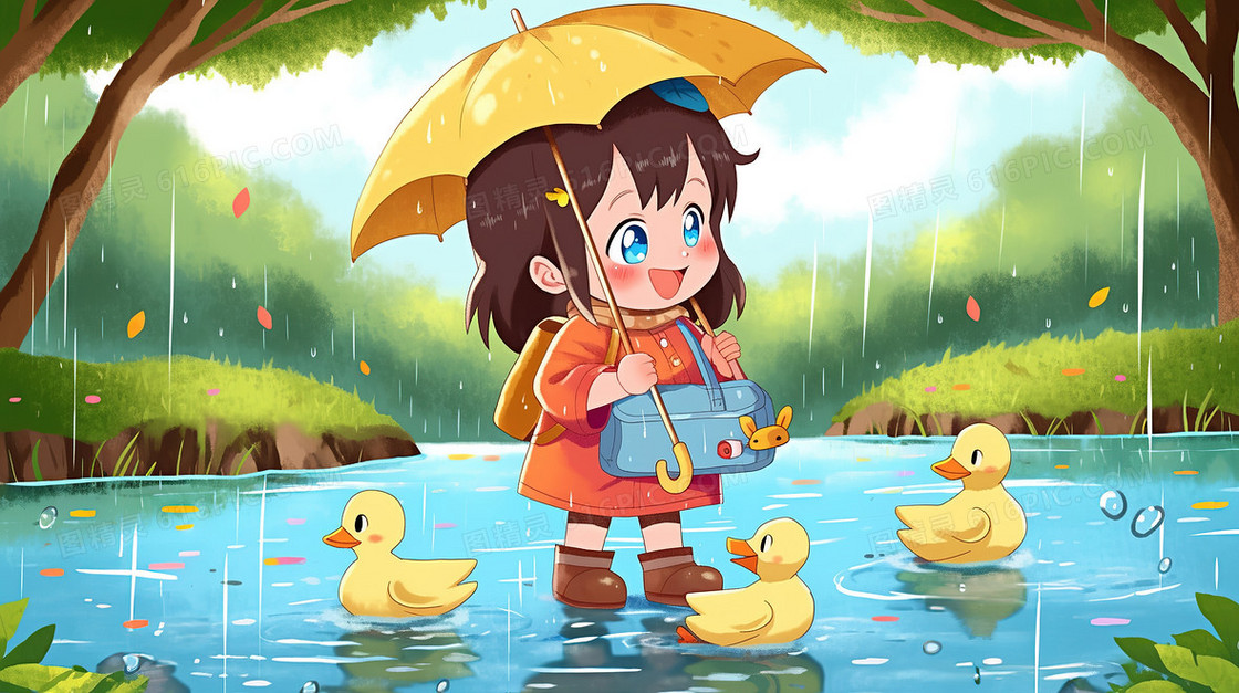 下雨天小女孩撑伞看小鸭子插画