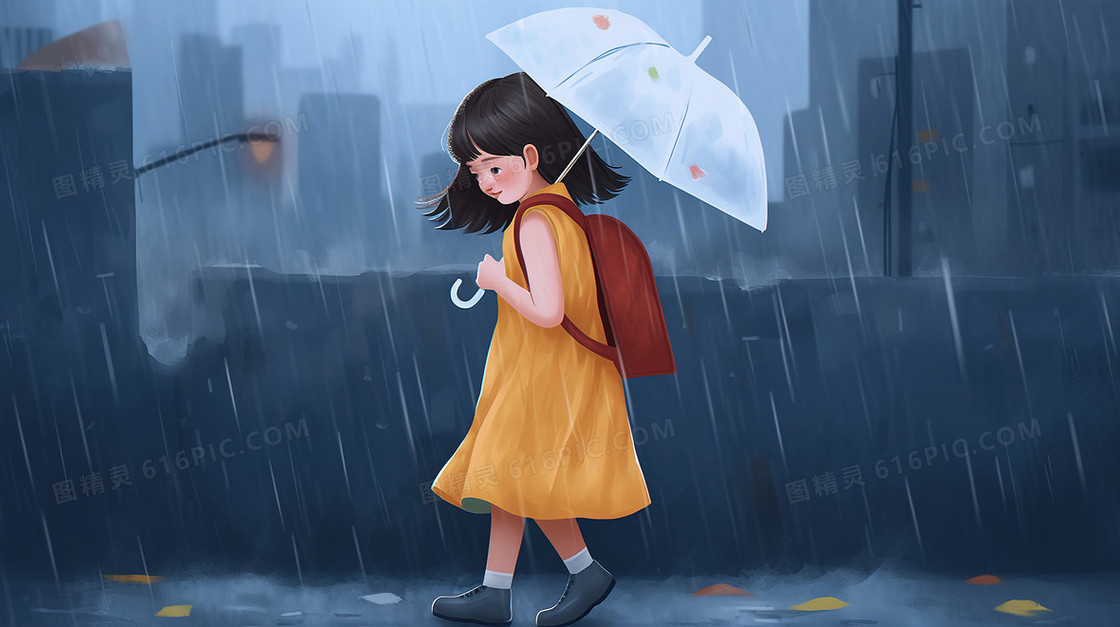 下雨天出门的女孩插画