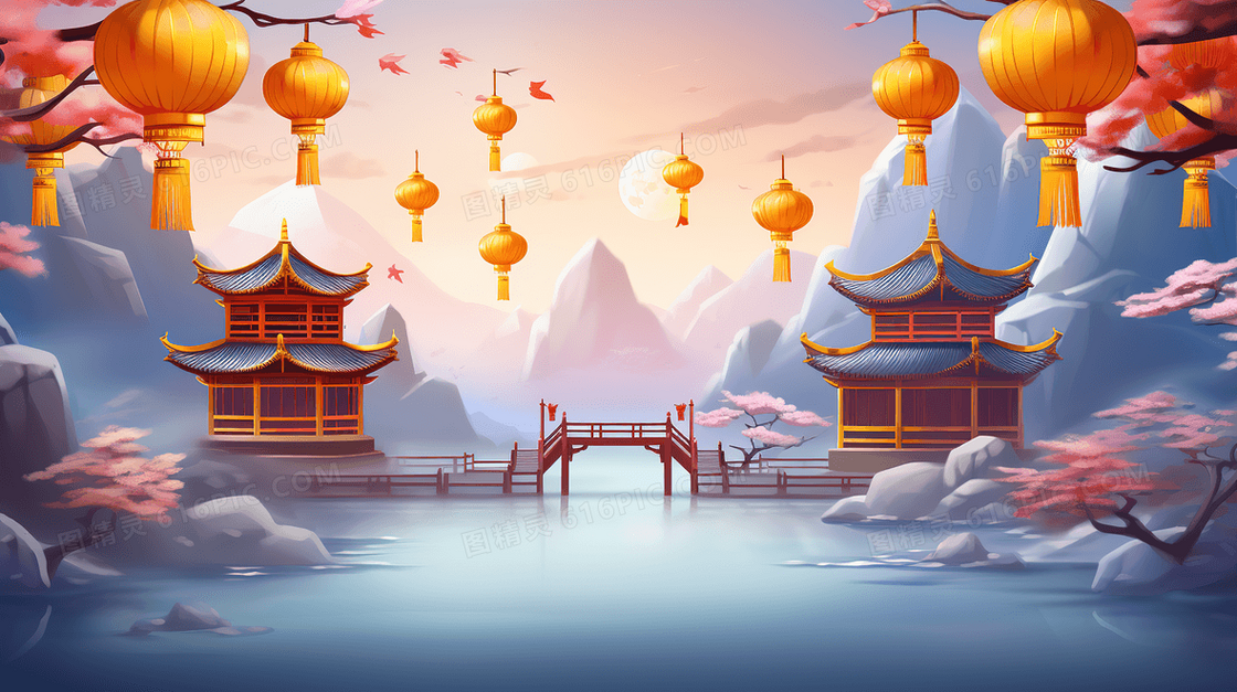 大气中国风中秋节湖心亭赏月创意插画