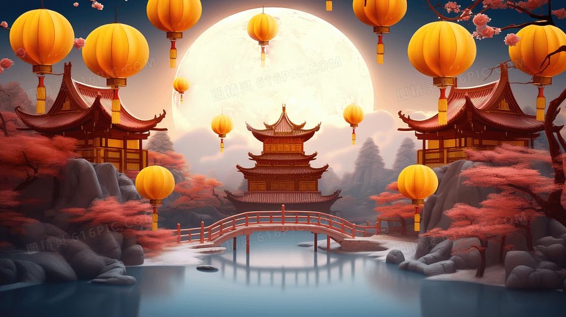 大气中国风中秋节湖心亭赏月创意插画