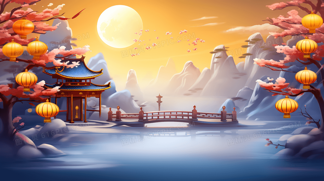大气中国风中秋节湖心亭赏月创意插画