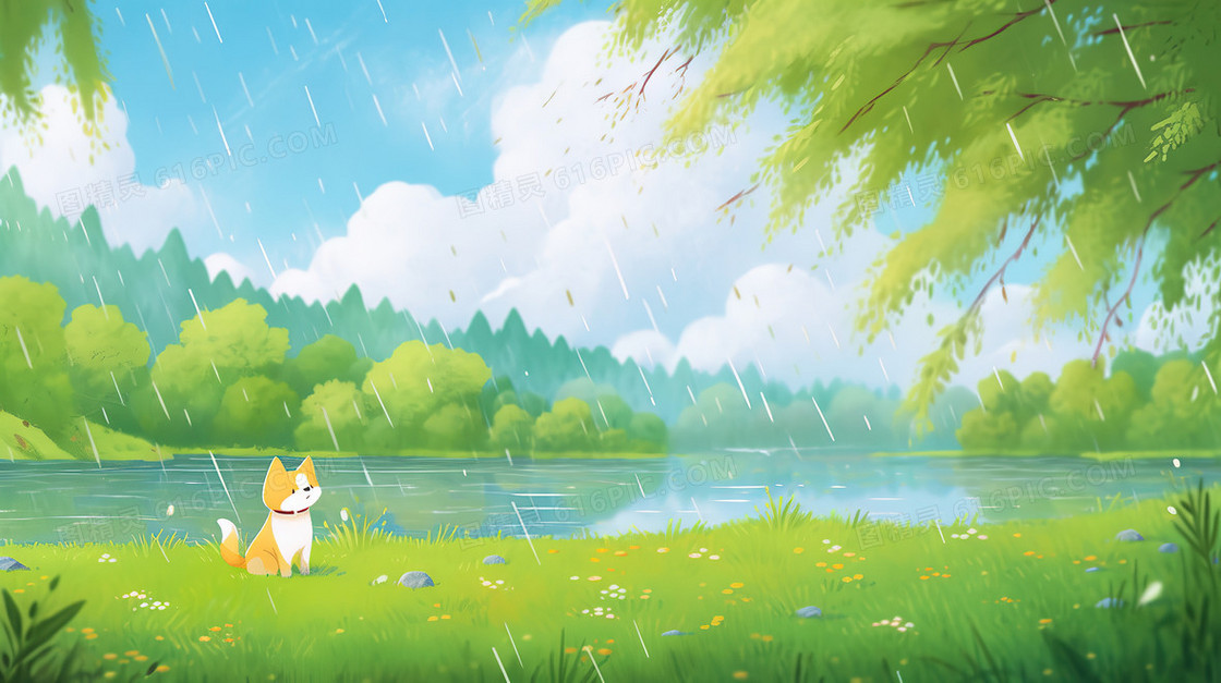 下雨天站在湖边的可爱小狗治愈系插画 