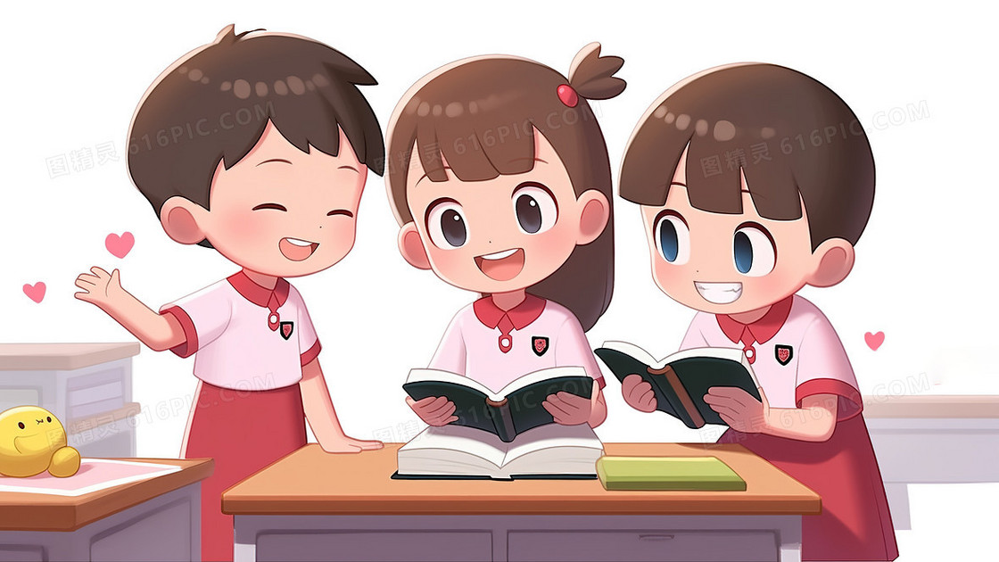 卡通可爱小学生一起学习插画