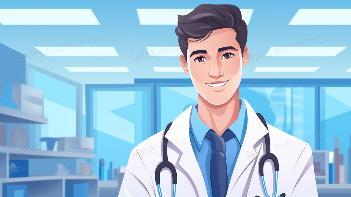 绿色卡通穿白大褂的医生插画背景图片下载_2912x1632像素jpg格式_编号