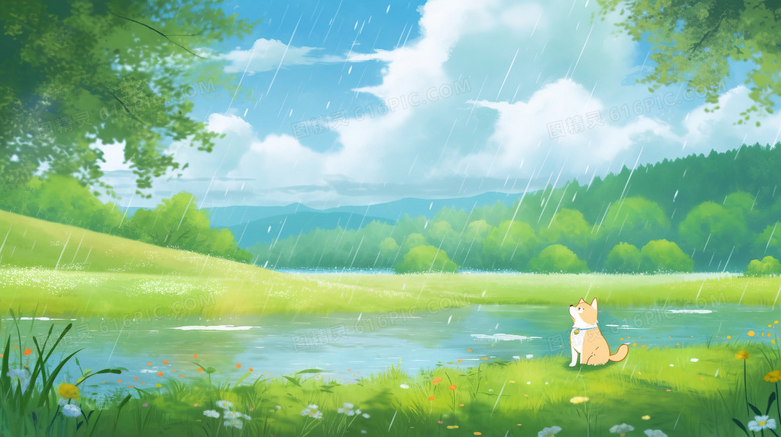下雨天站在湖边的可爱小狗治愈系插画 