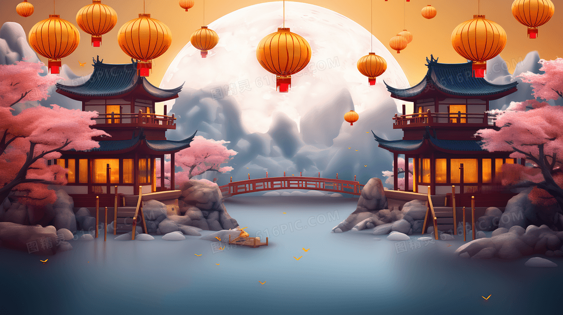 大气中国风中秋节湖心亭赏月创意插画