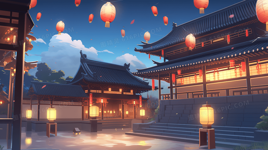 古色古香中秋节挂满红色灯笼的中式庭院创意插画
