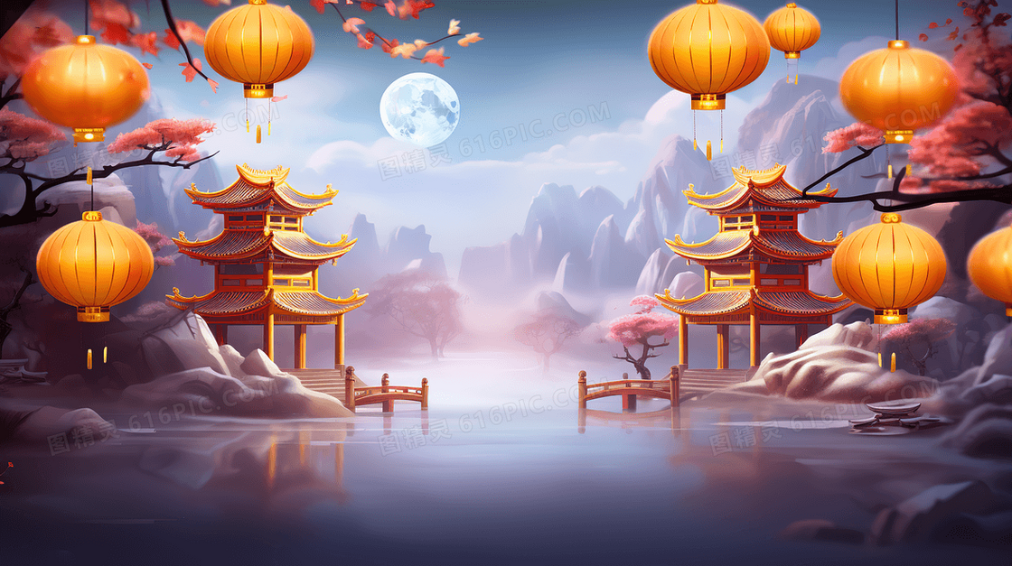 大气中国风中秋节湖心亭赏月创意插画