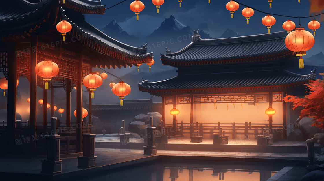 古色古香中秋节挂满红色灯笼的中式庭院创意插画