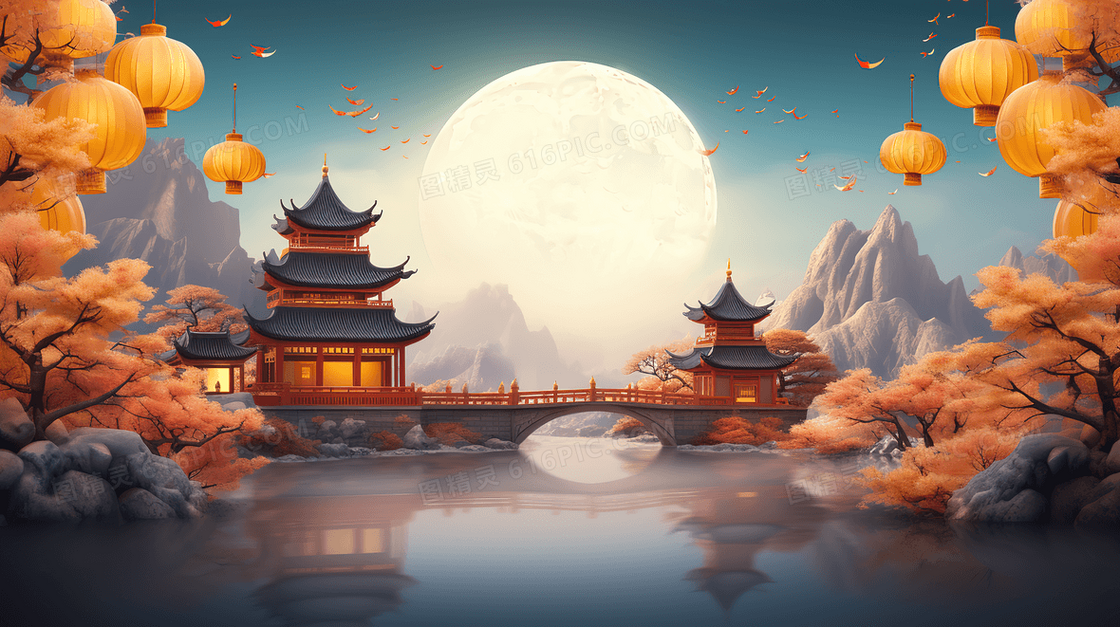 大气中国风中秋节湖心亭赏月创意插画