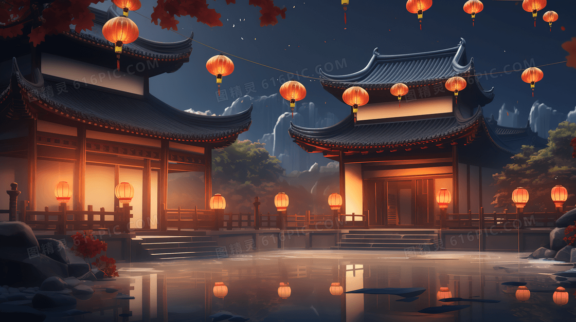 古色古香中秋节挂满红色灯笼的中式庭院创意插画