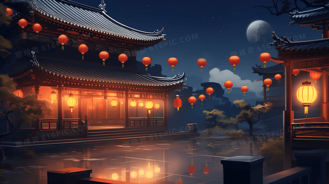 古色古香中秋节挂满红色灯笼的中式庭院创意插画