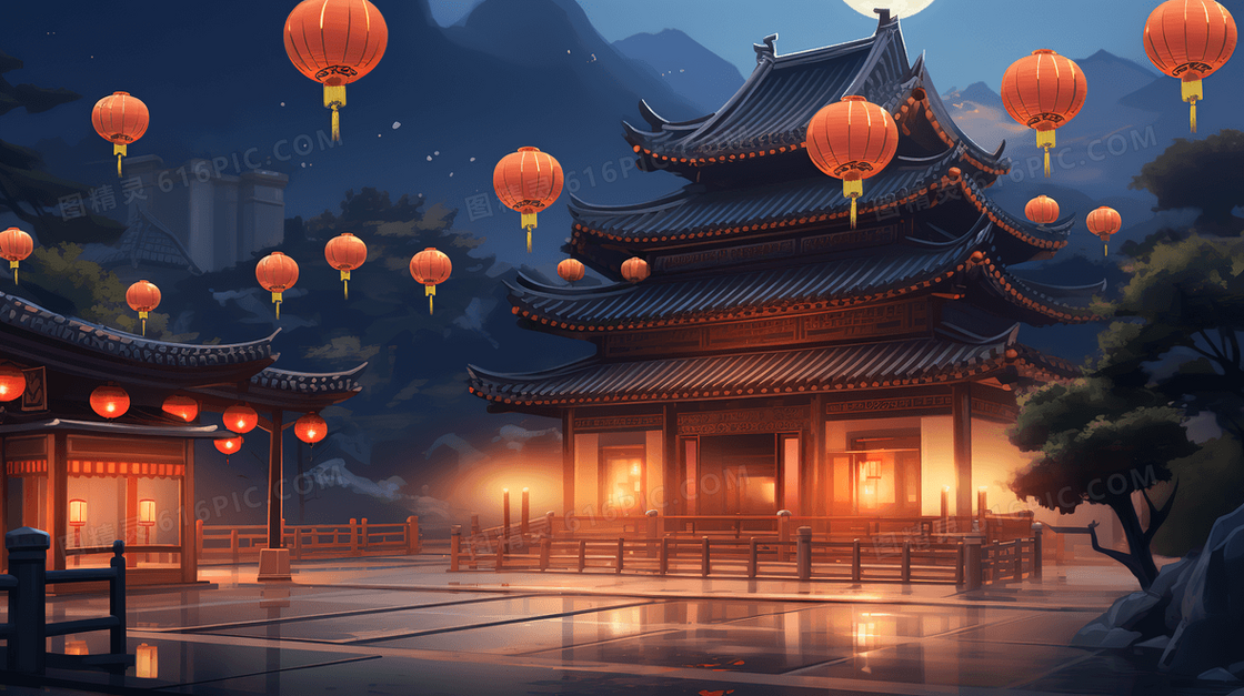 古色古香中秋节挂满红色灯笼的中式庭院创意插画