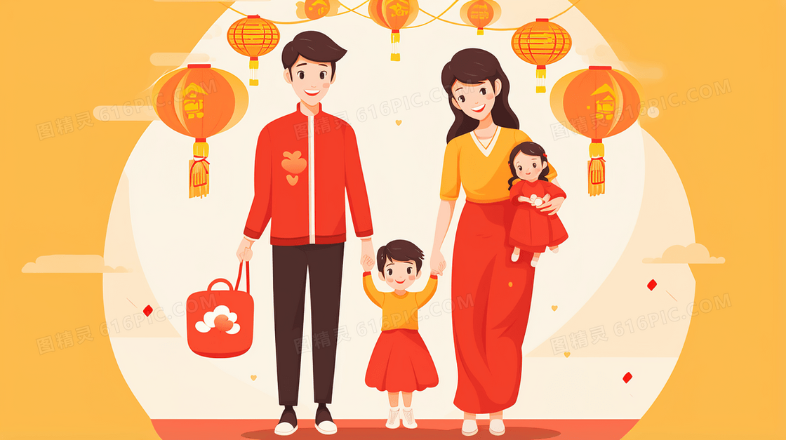 红色春节家人团圆喜庆节日氛围插画
