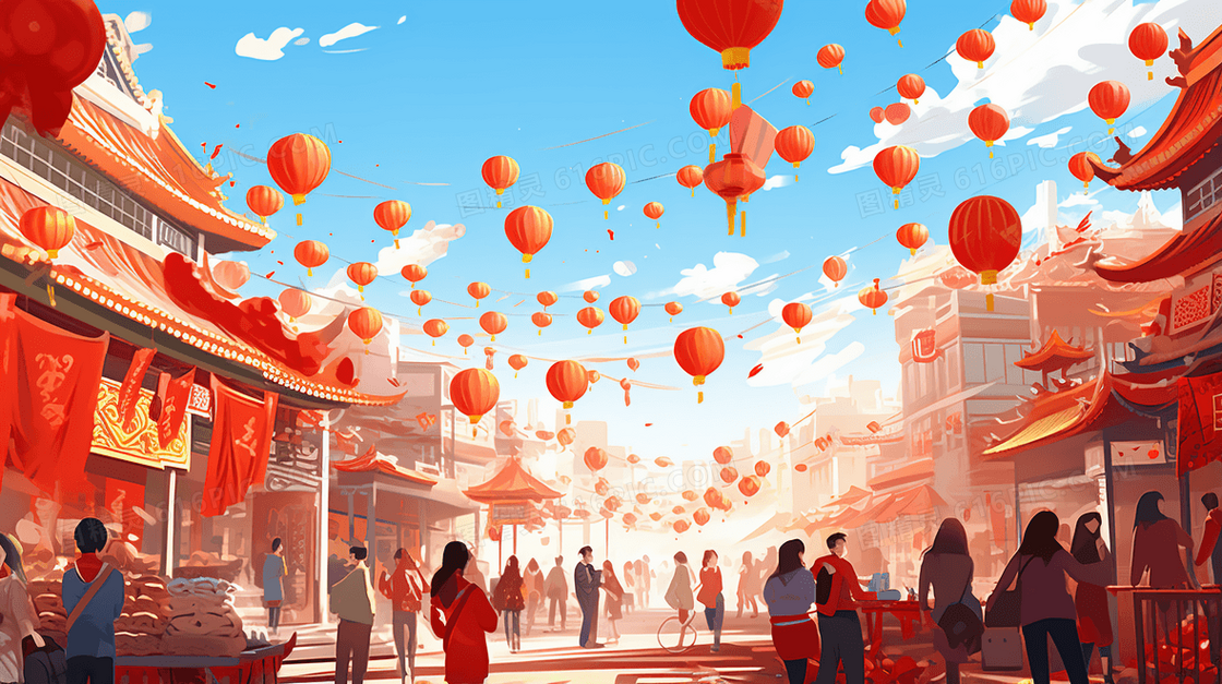 红色春节热闹的集市中国风插画