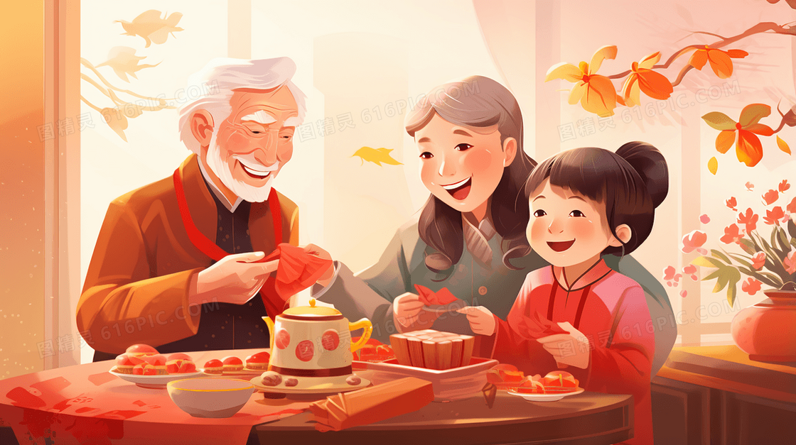 红色春节一家人团聚爷爷给孙子发压岁钱热闹场景插画
