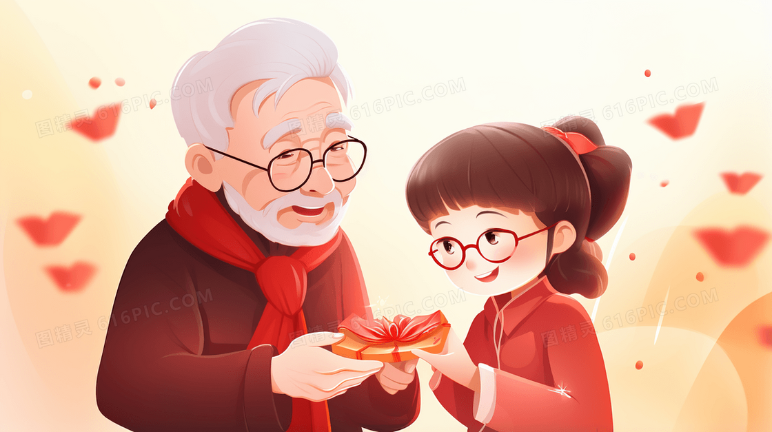 春节给爷爷拜年和爷爷给孙女发红包创意插画