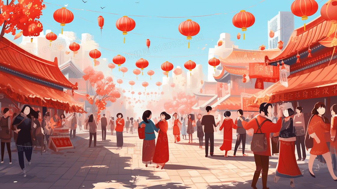 红色春节热闹集市插画