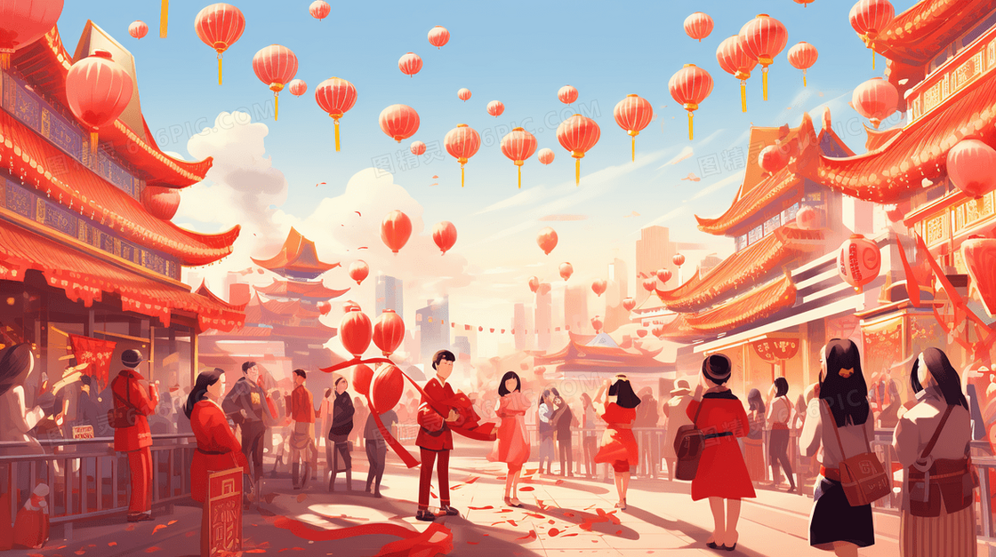 红色春节热闹的集市中国风插画