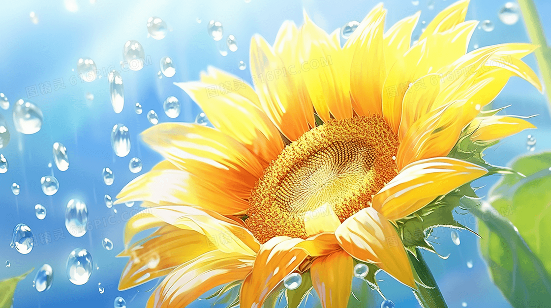 金黄色阳光雨滴中的向日葵插画