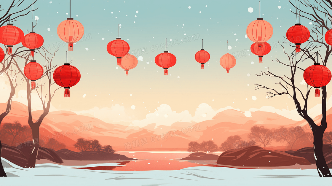红色中国风挂满灯笼的风景插画