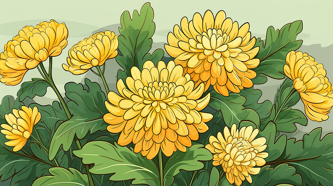 金黄色的菊花特写插画
