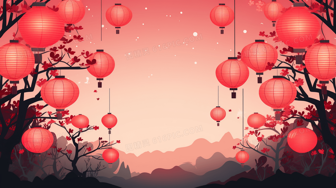 红色中国风挂满灯笼的风景插画