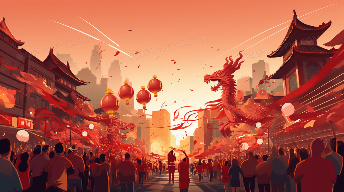 红色春节中国风热闹集市建筑插画