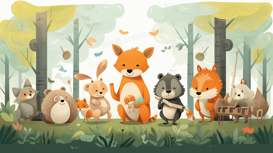 森林里的各种小动物可爱卡通插画
