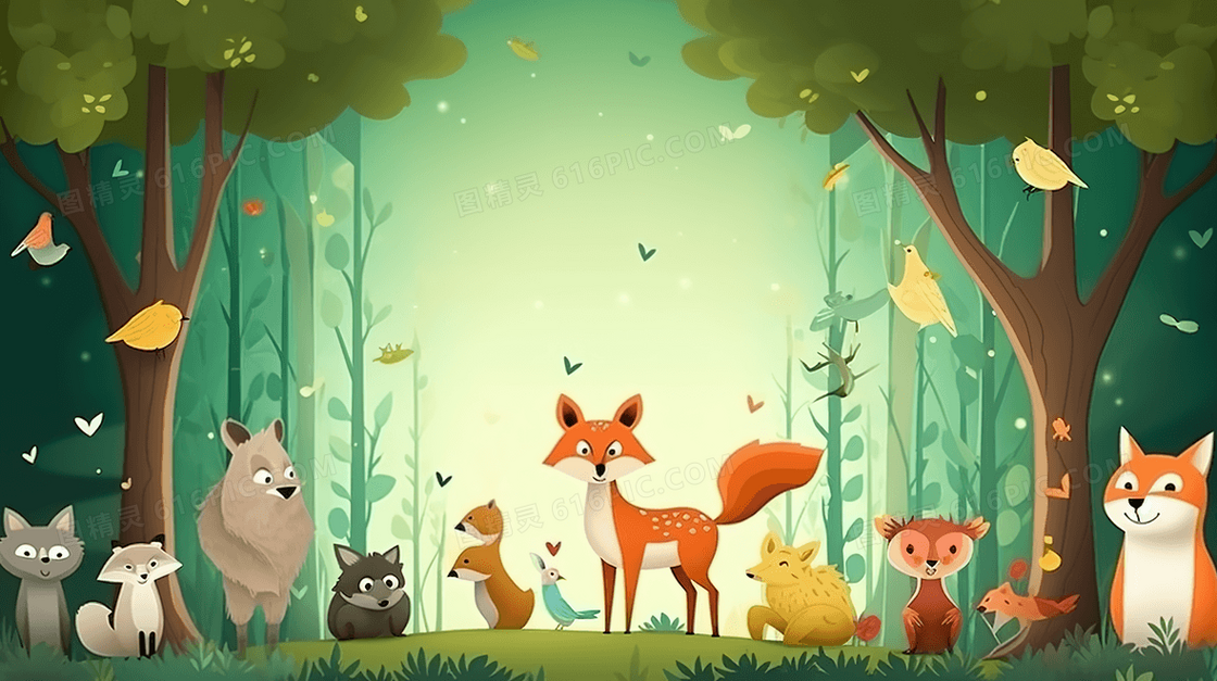 森林里的各种小动物可爱卡通插画