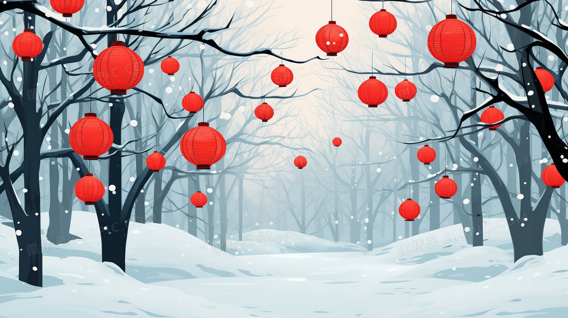 春节雪地里树枝上挂满红色灯笼节日氛围插画