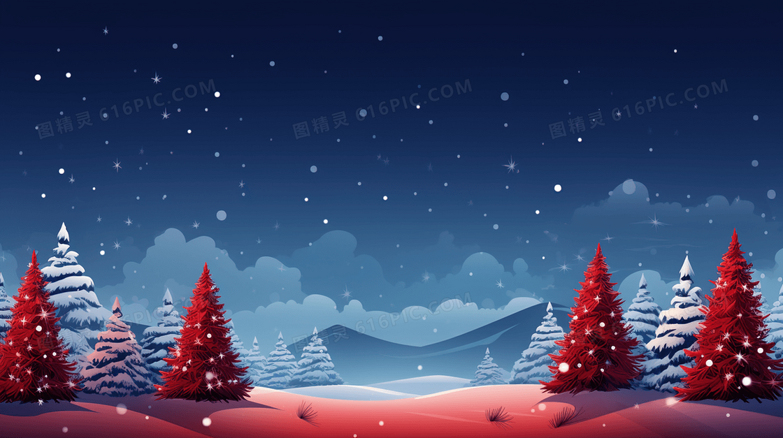 冬天夜晚雪地里的森林圣诞节插画