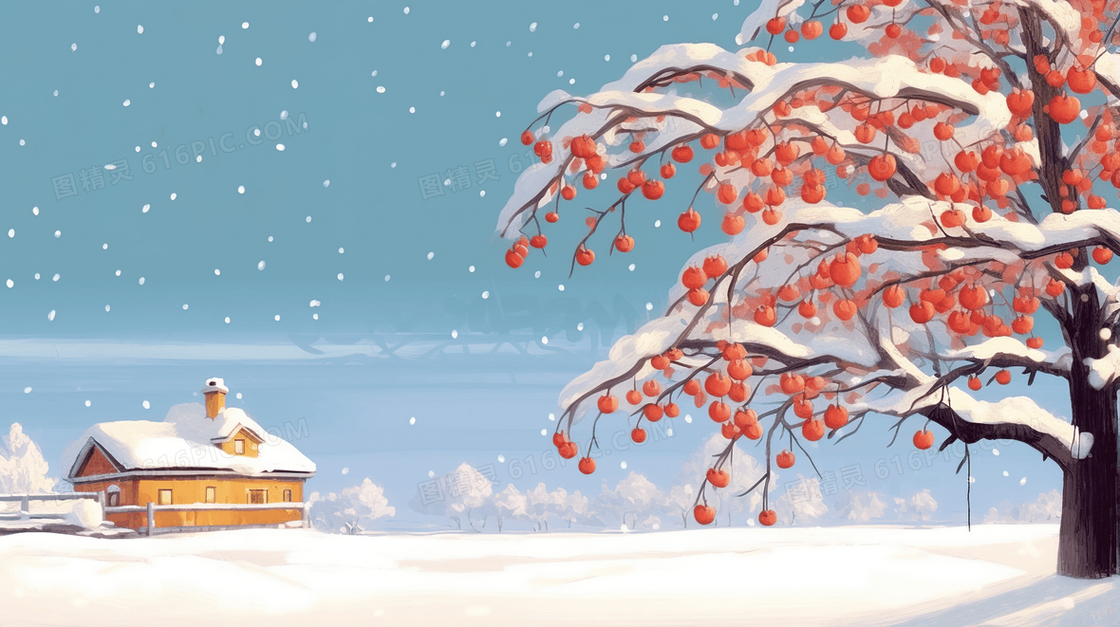 冬天下雪天村庄雪地里的柿子树插画