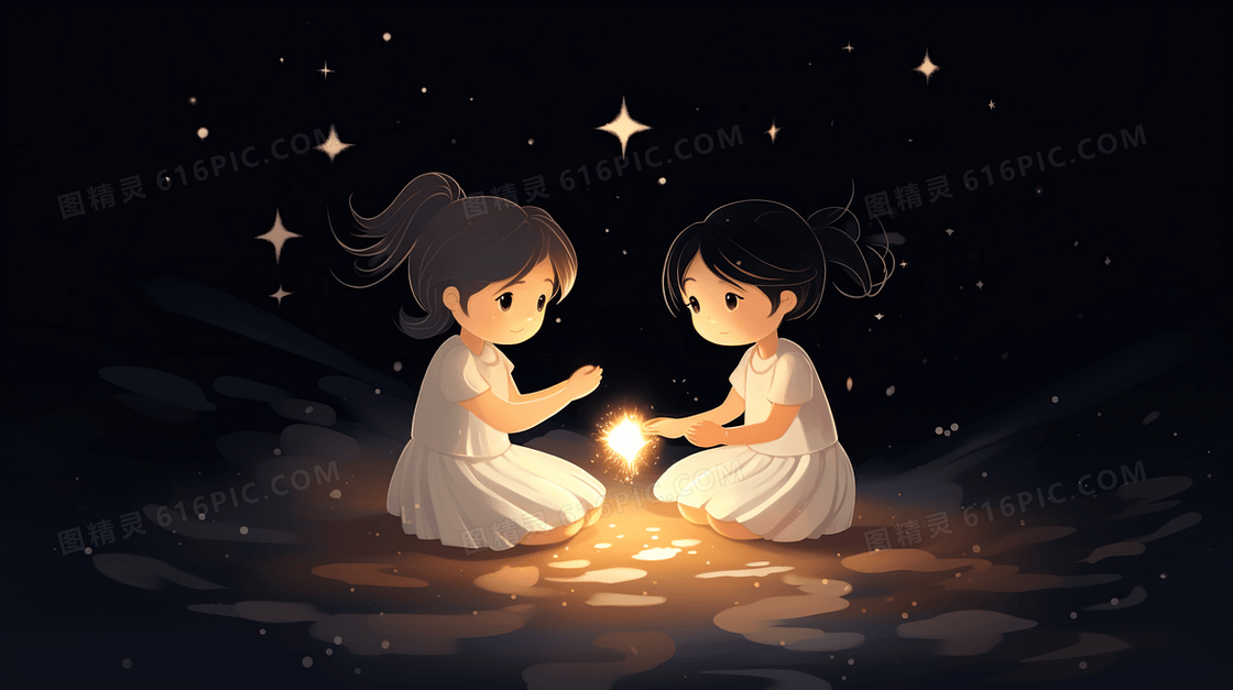 黑暗中两个女孩放烟火治愈插画