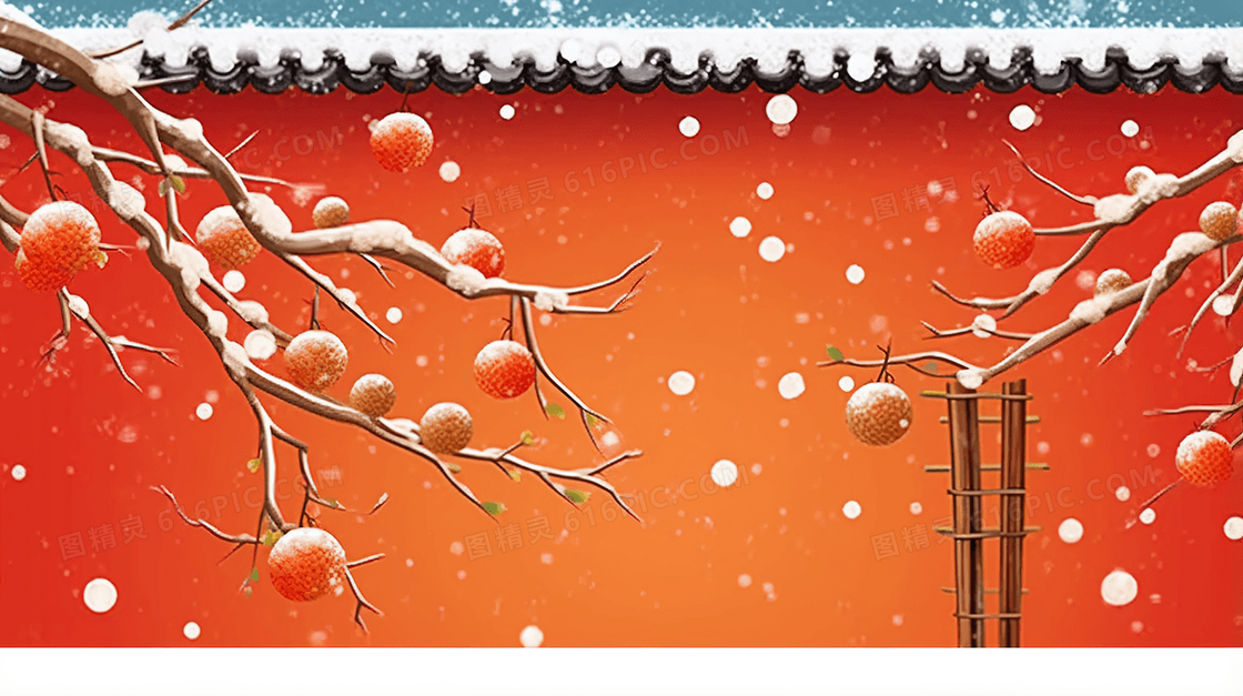 冬天下雪天红色围墙外的柿子树插画