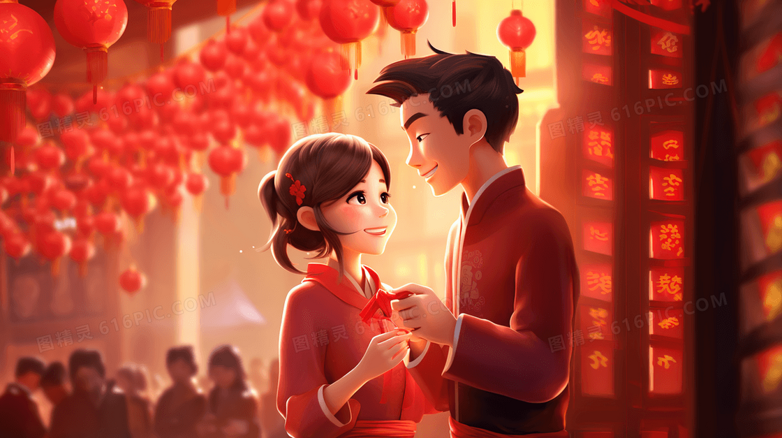 红色春节热闹集市上的情侣插画
