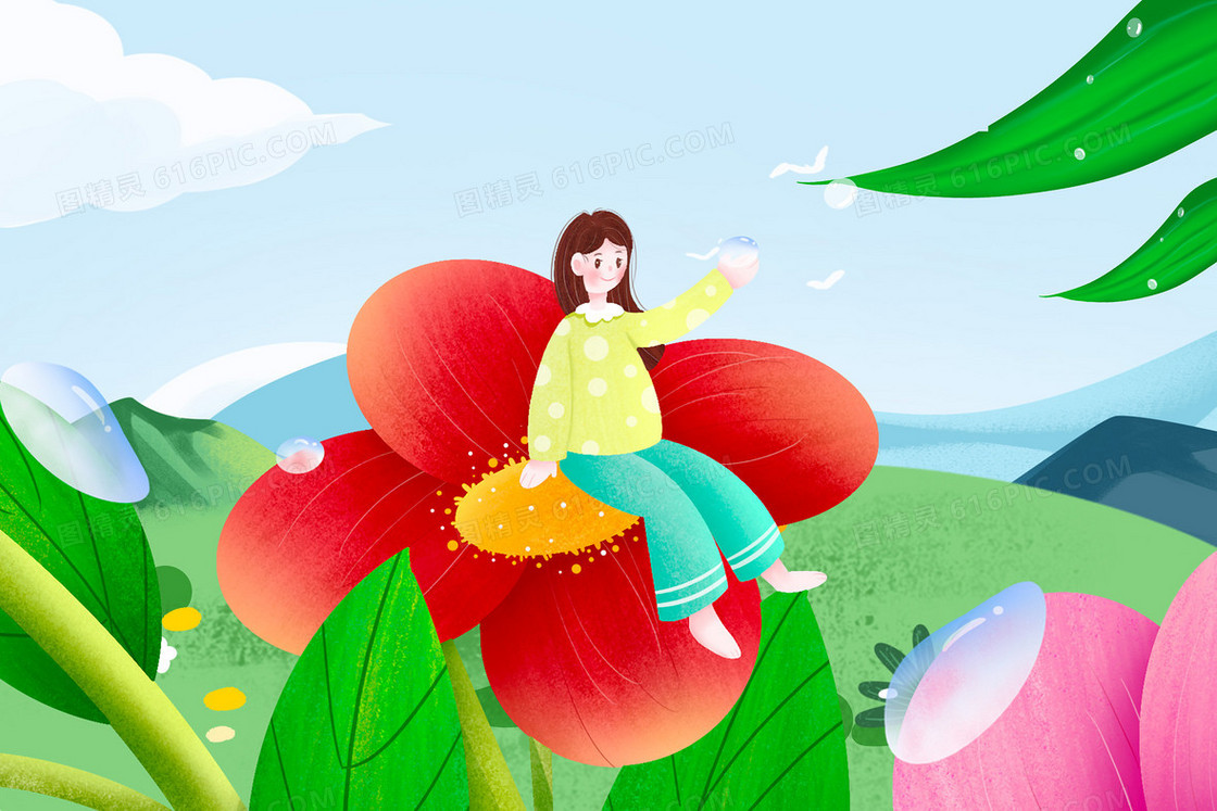 女孩坐在花瓣上接露珠创意微距插画