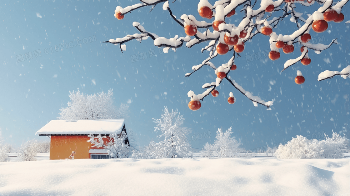 冬天下雪天村庄雪地里的柿子树插画