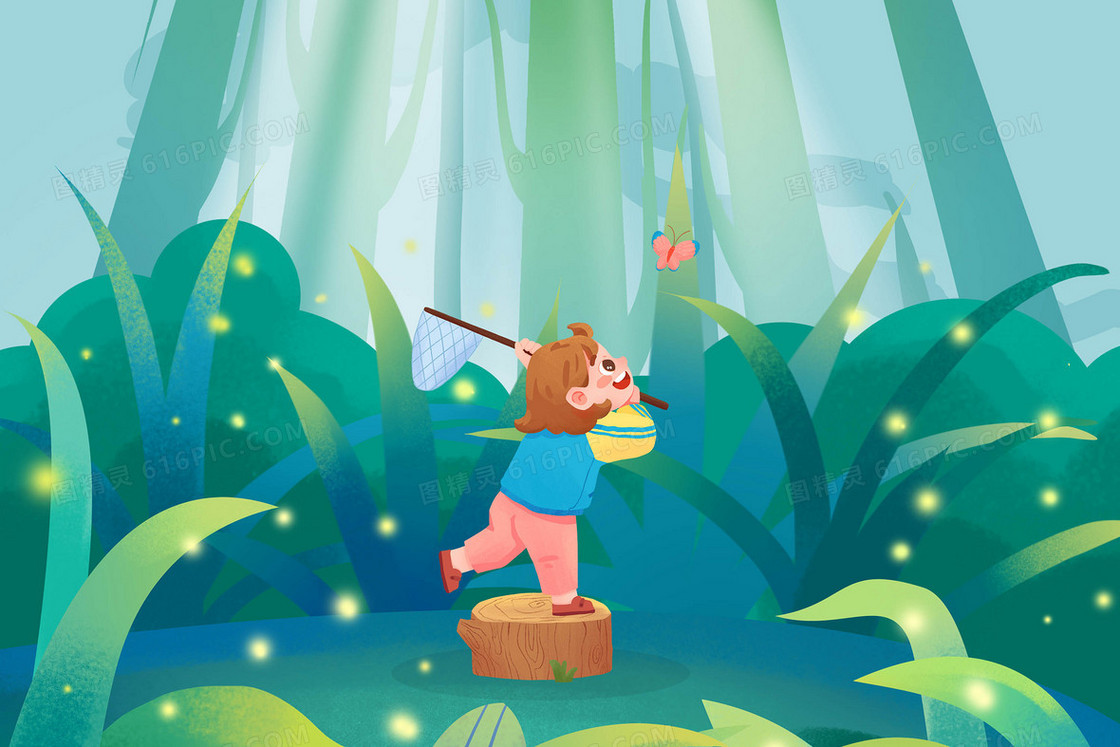女孩在森林里抓蝴蝶插画