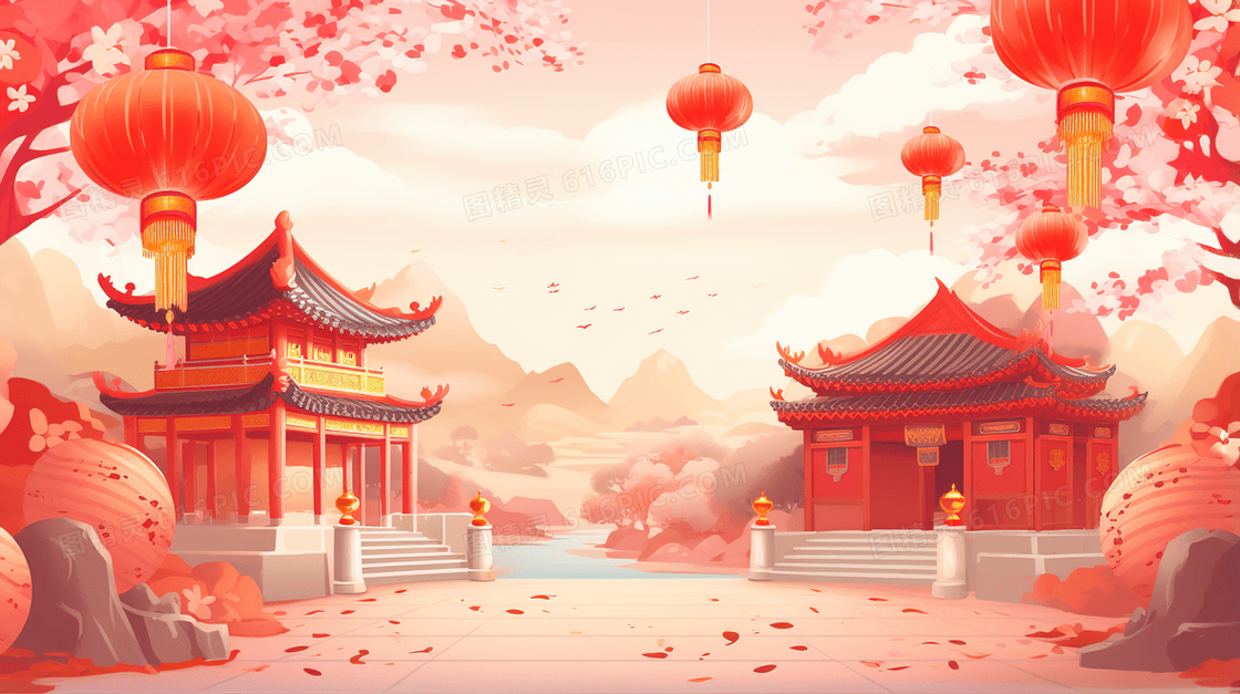 粉色中国风春节唯美建筑风景插画