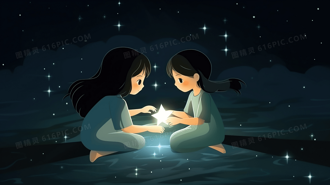 黑暗中两个女孩抓星星治愈插画