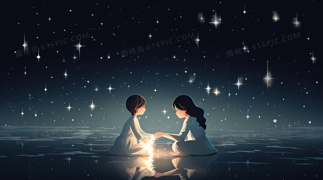 黑暗中两个女孩抓星星治愈插画
