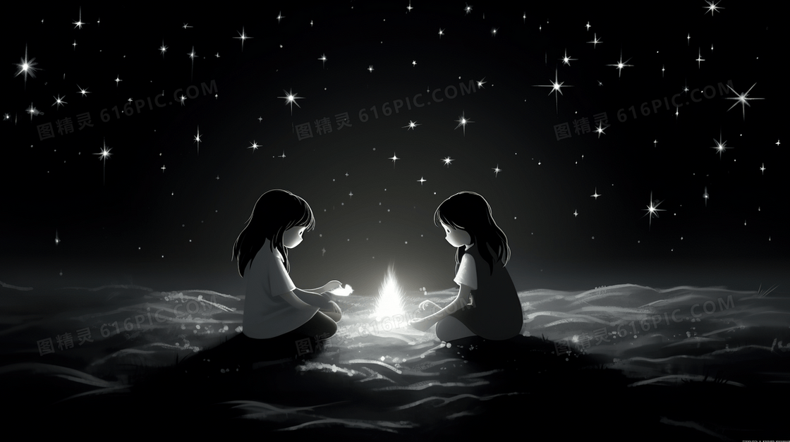 黑暗中两个女孩抓星星治愈插画