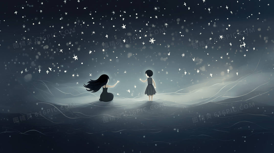 黑暗中两个女孩抓星星治愈插画
